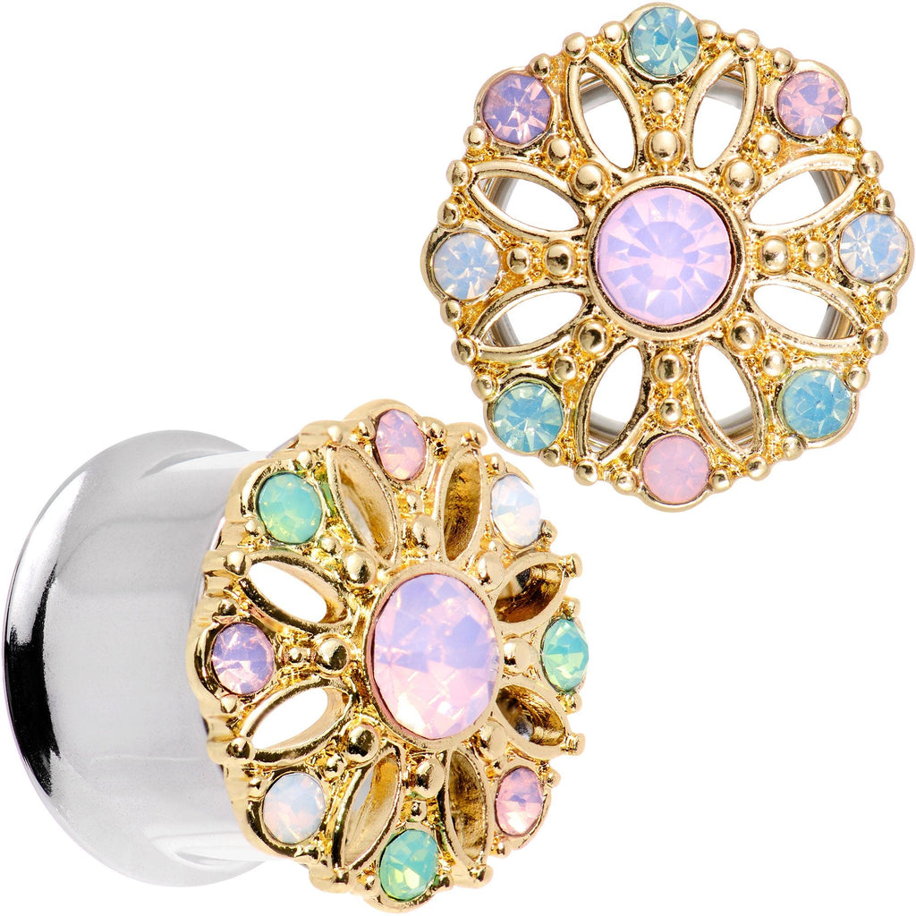 BodyCandy Pink Green White Gem Glam Flower Double Flare Tunnel Plug Set — color detail