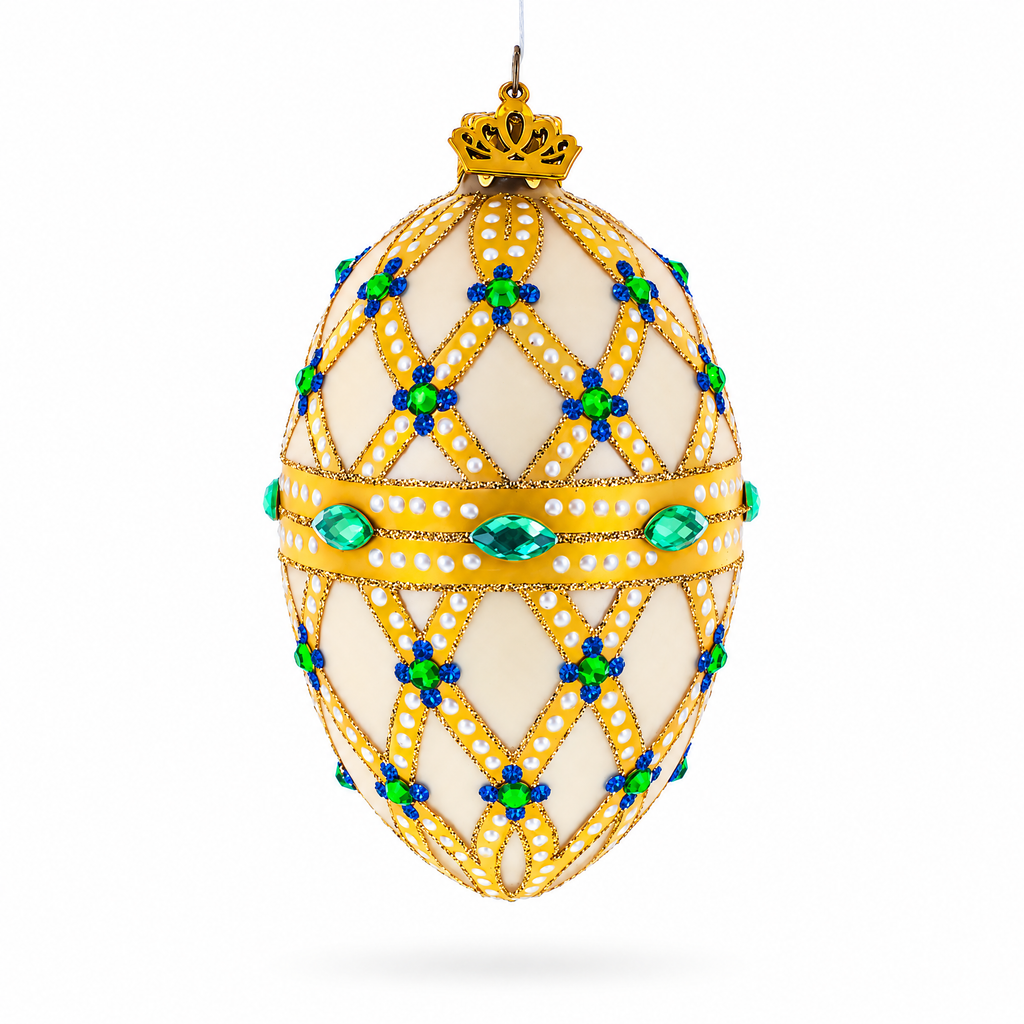 Yellow Trellis, Green Gems & Royal Blue Accents Glass Egg Ornament 4 Inches