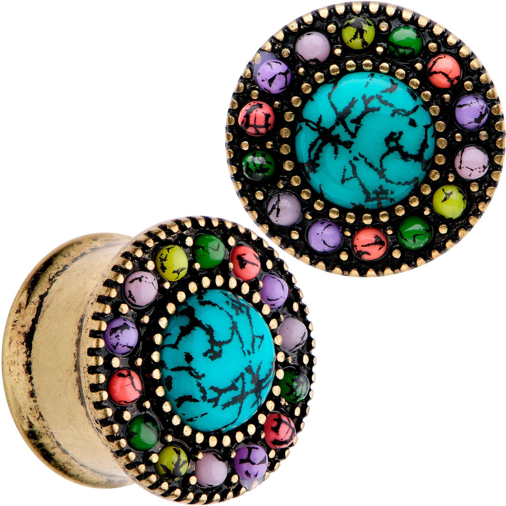 BodyCandy Gold Plated Southwestern Stone Age Double Flare Plug Set 2G to 22mm — in-use photo