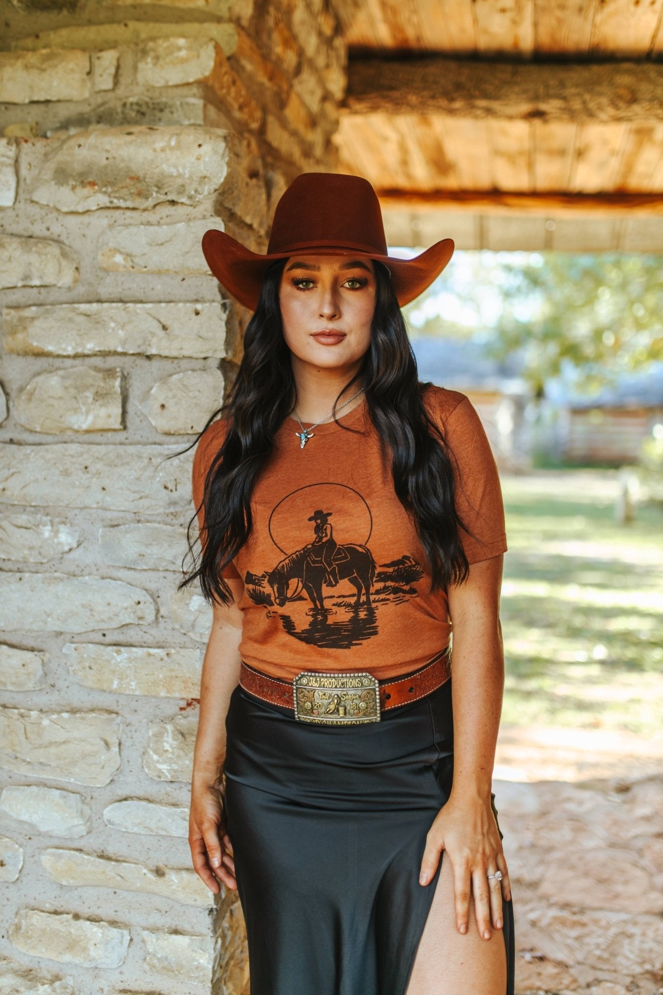 Wild Junkie Lone Cowgirl Rider Graphic Tee — detail close-up