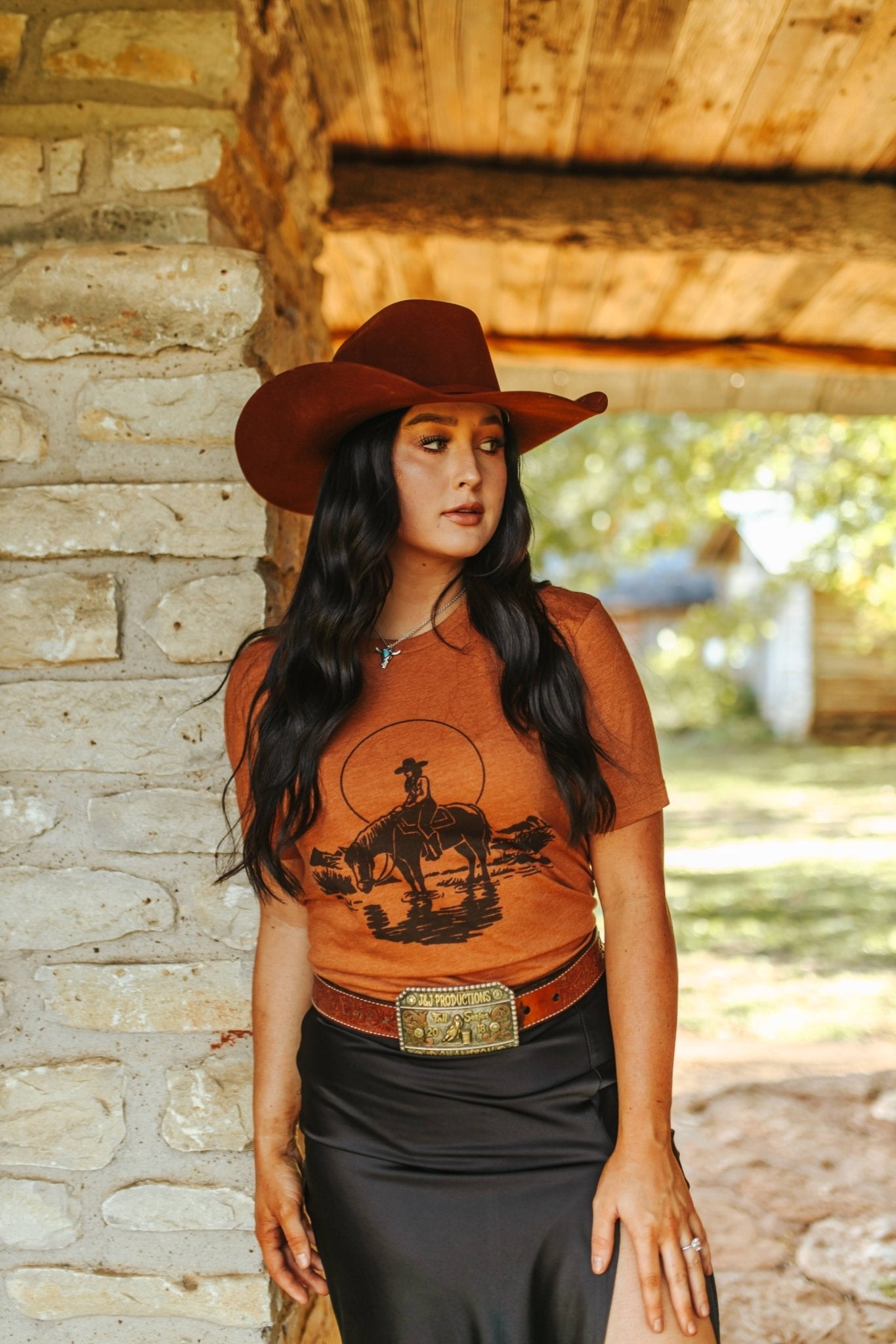 Wild Junkie Lone Cowgirl Rider Graphic Tee — back view