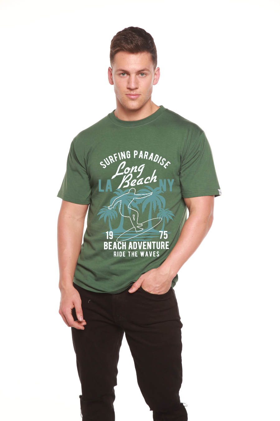 Spun Bamboo Long Beach Men's Bamboo Viscose/Organic Cotton Short Sleeve Graphic T-Shirt — comparison shot