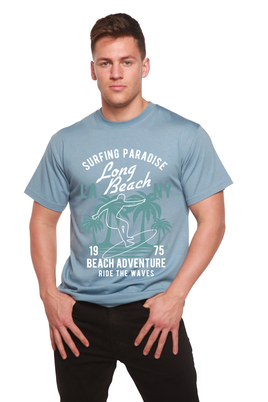 Spun Bamboo Long Beach Men's Bamboo Viscose/Organic Cotton Short Sleeve Graphic T-Shirt — fabric or material detail