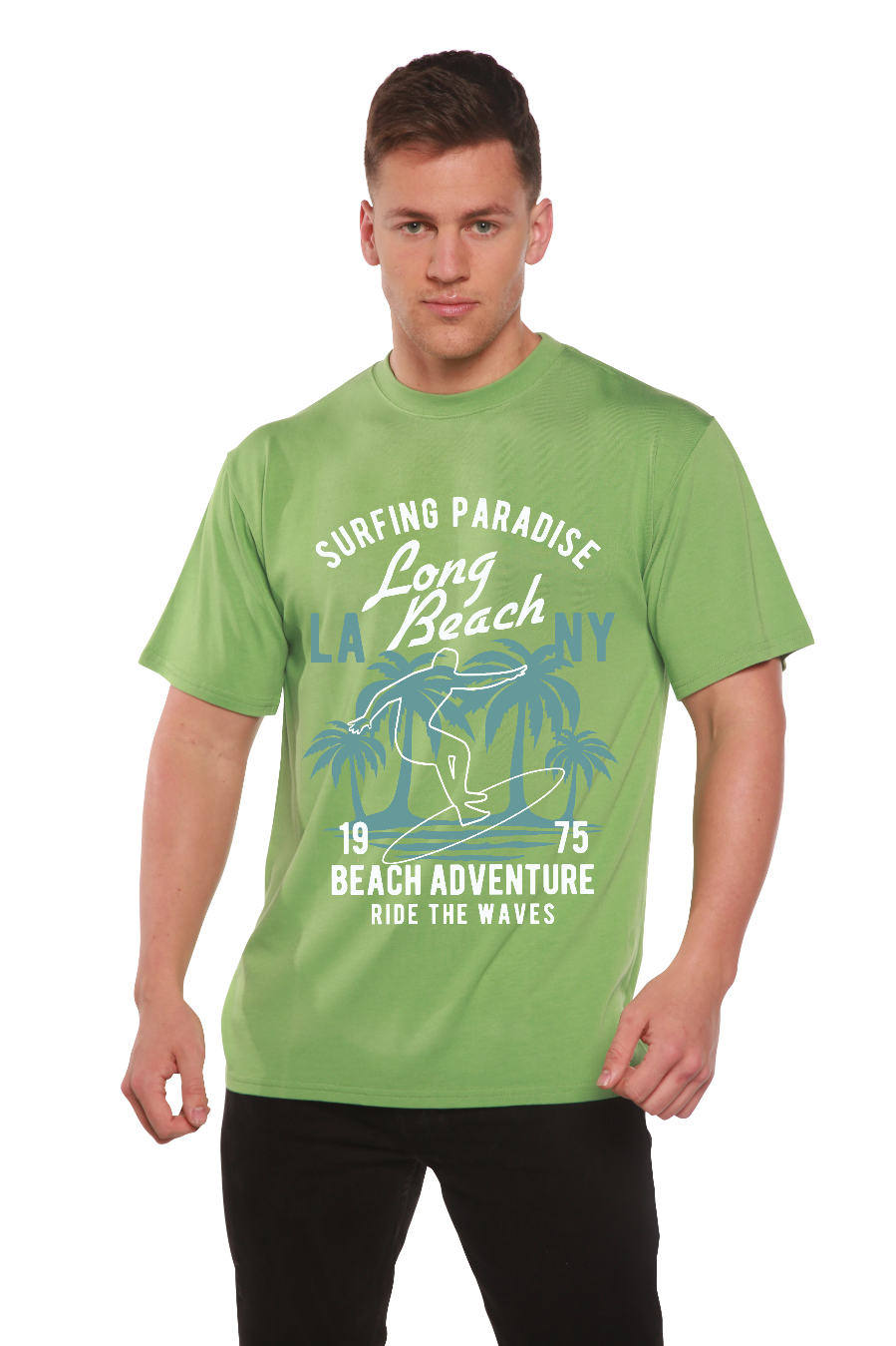 Spun Bamboo Long Beach Men's Bamboo Viscose/Organic Cotton Short Sleeve Graphic T-Shirt — side view