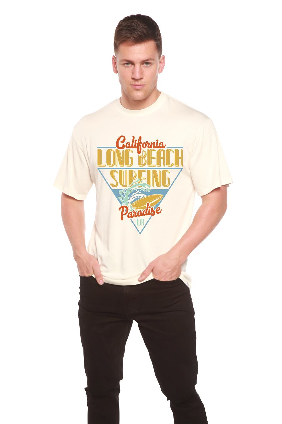 Spun Bamboo Long Beach Surfing Printed Men's Bamboo Viscose/Organic Cotton Short Sleeve Graphic T-Shirt — alternative angle