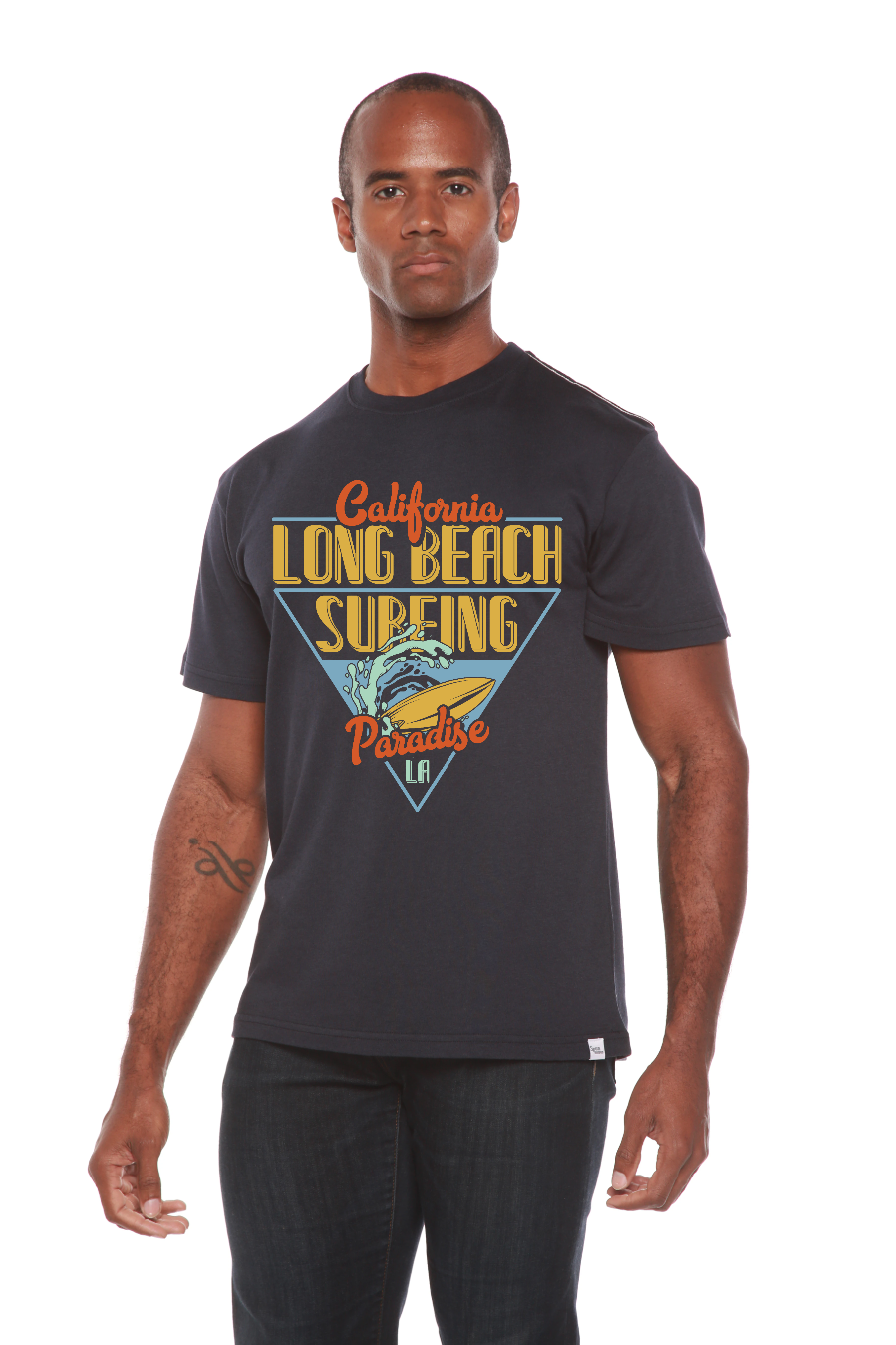 Spun Bamboo Long Beach Surfing Printed Men's Bamboo Viscose/Organic Cotton Short Sleeve Graphic T-Shirt — side view