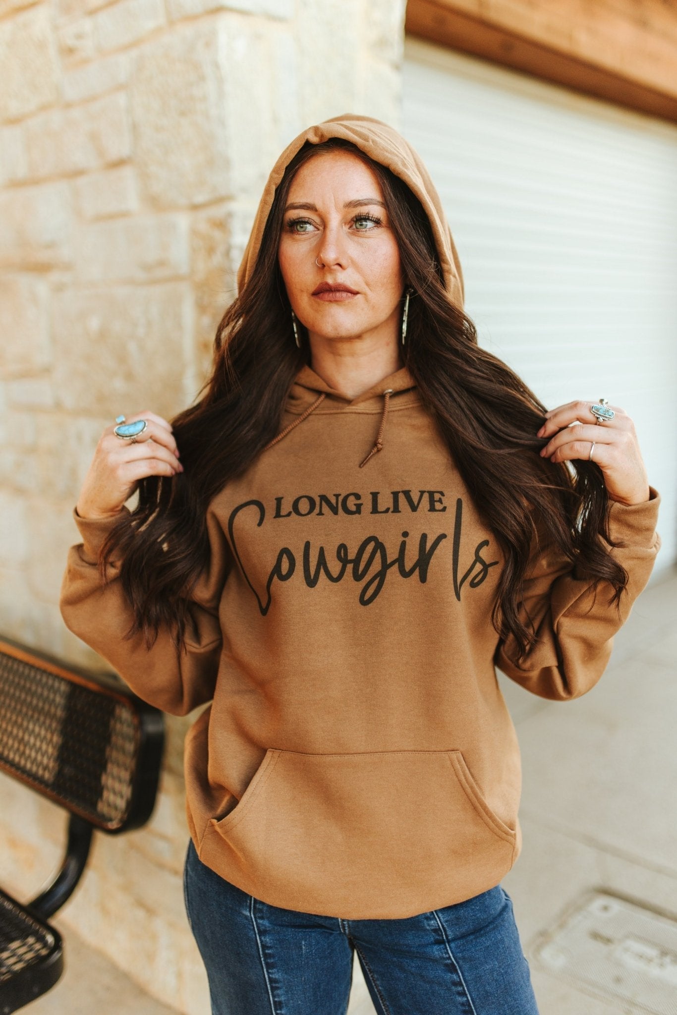 Wild Junkie Long Live Cowgirls Graphic Hoodie — construction detail
