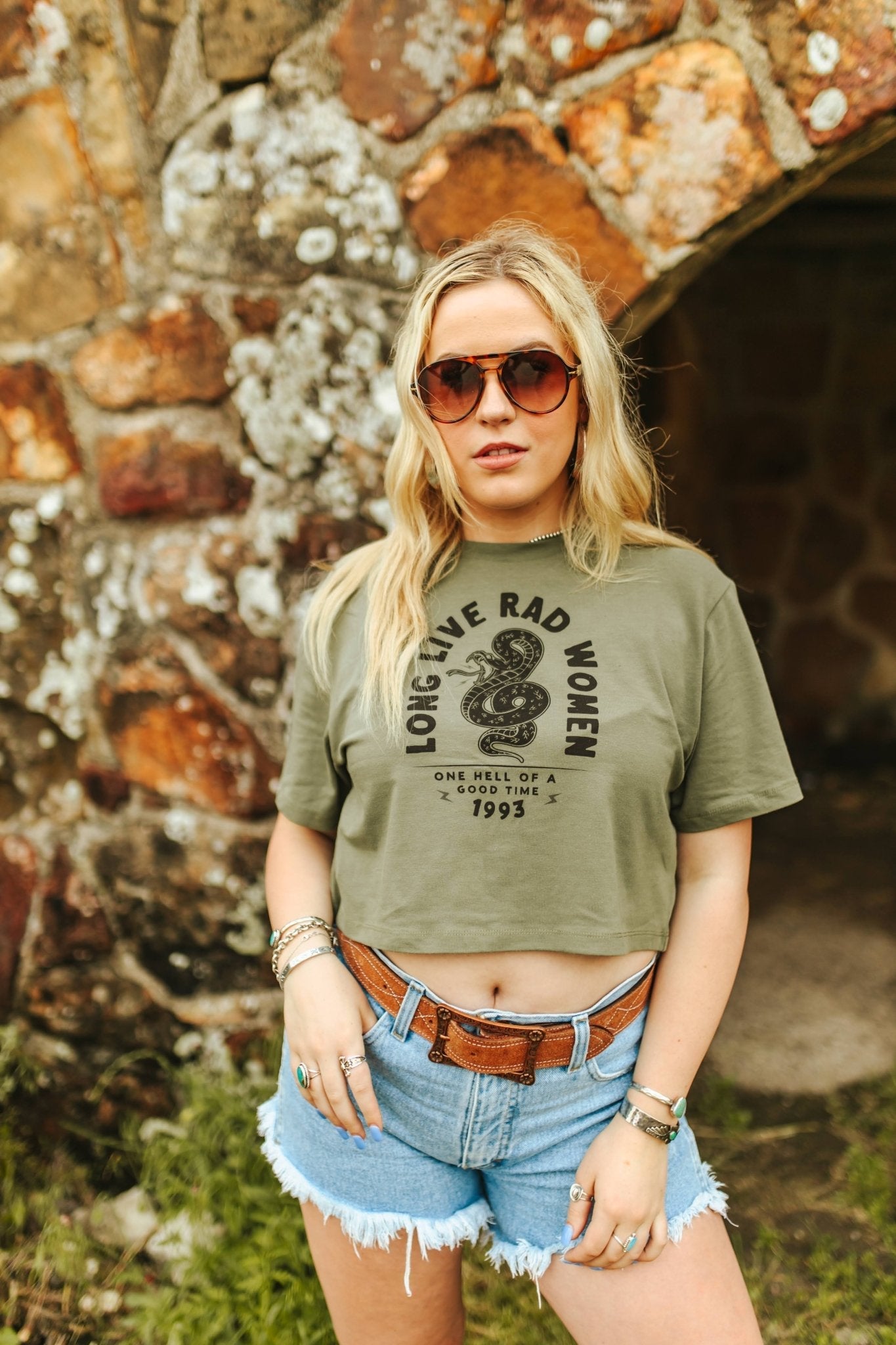 Wild Junkie Long Live Rad Women Boxy Crop Graphic Tee — detail close-up