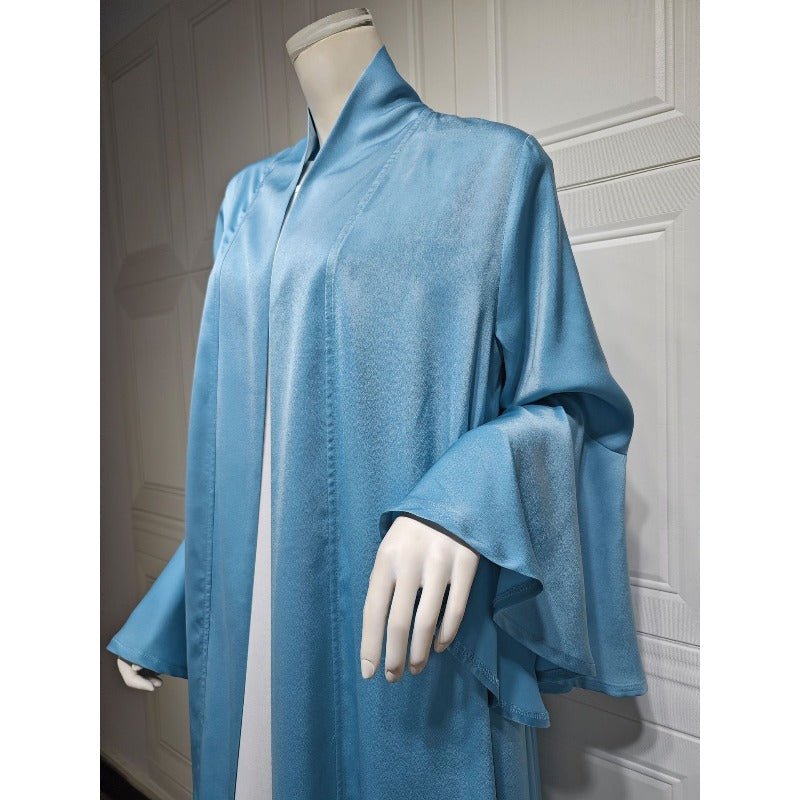 Mariam's Collection Lotus Leaf Sleeve Solid Soft Satin Open Front Abaya Dress | Lightweight Modest… — fabric or material deta