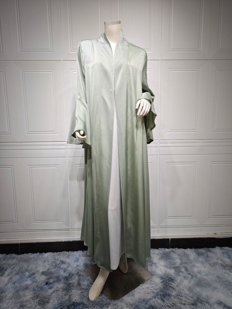 Mariam's Collection Lotus Leaf Sleeve Solid Soft Satin Open Front Abaya Dress | Lightweight Modest… — fabric or material deta