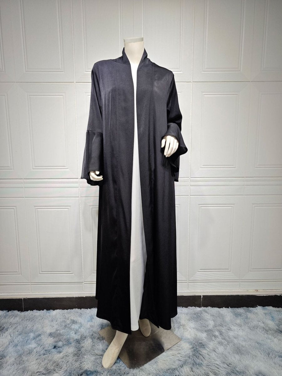 Mariam's Collection Lotus Leaf Sleeve Solid Soft Satin Open Front Abaya Dress | Lightweight Modest… — product on model