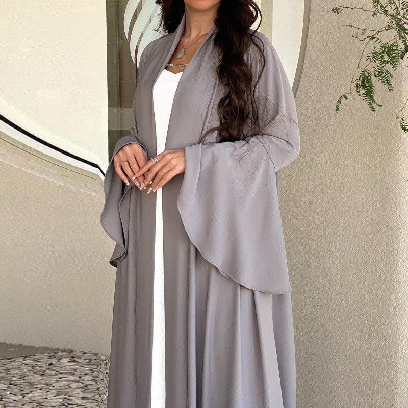 Mariam's Collection Lotus Leaf Sleeve Solid Soft Satin Open Front Abaya Dress | Lightweight Modest… — in-use photo