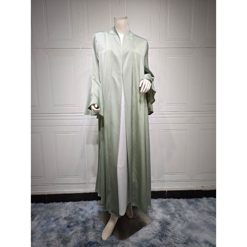 Mariam's Collection Lotus Leaf Sleeve Solid Soft Satin Open Front Abaya Dress | Lightweight Modest… — Mariam's Collection branding close-up