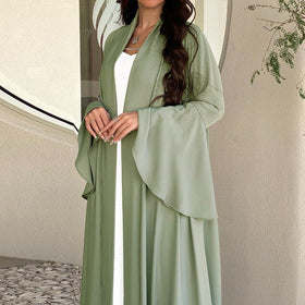 Lotus Leaf Sleeve Solid Soft Satin Open Front Abaya Dress | Lightweight Modest Abaya Cover(MOA220)