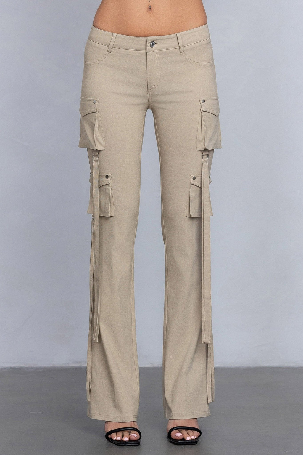 Low Rise Flared Cargo Pants | Stretchy Woven Streetwear with Strap Details