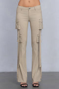 Low Rise Flared Cargo Pants | Stretchy Woven Streetwear with Strap Details
