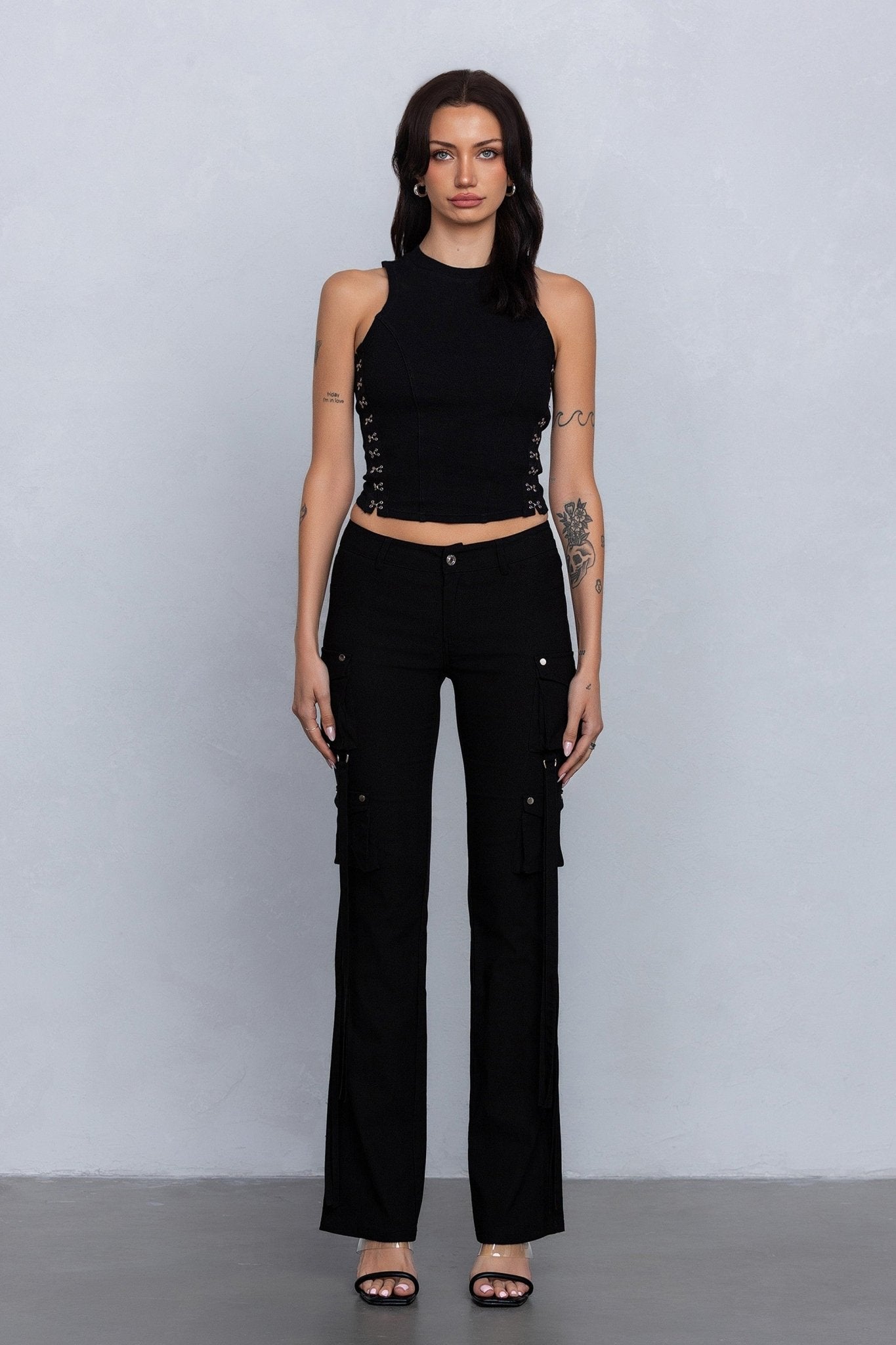 Low Rise Flared Cargo Pants | Stretchy Woven Streetwear with Strap Details