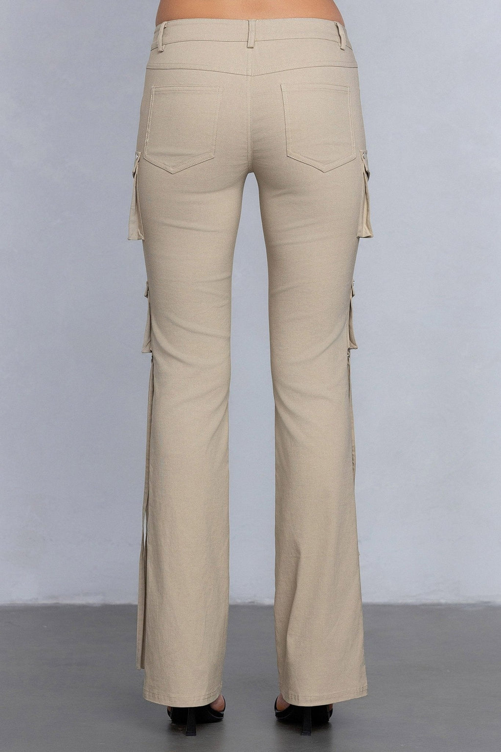 Low Rise Flared Cargo Pants | Stretchy Woven Streetwear with Strap Details