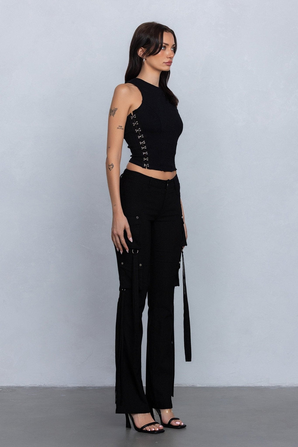 Low Rise Flared Cargo Pants | Stretchy Woven Streetwear with Strap Details