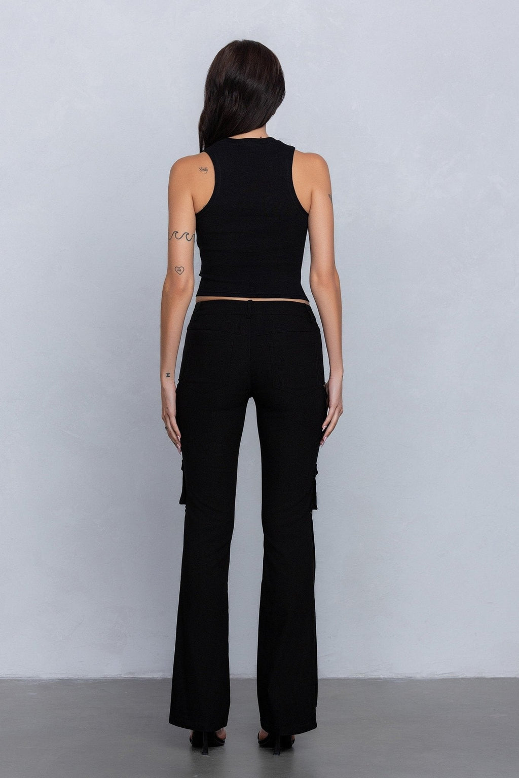Low Rise Flared Cargo Pants | Stretchy Woven Streetwear with Strap Details