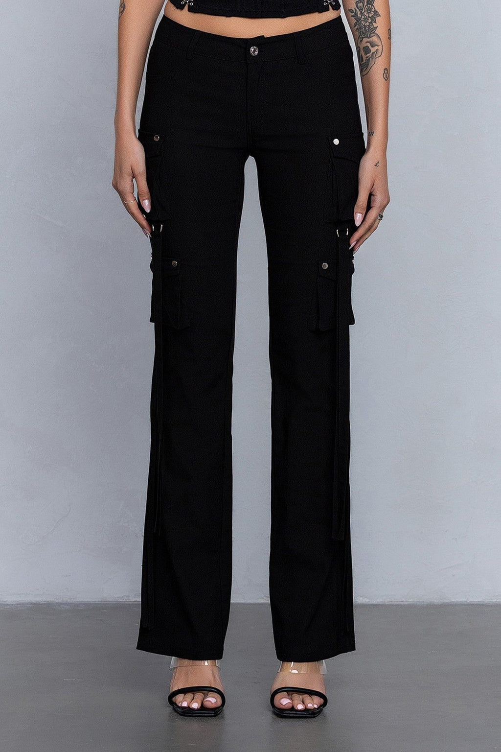 Low Rise Flared Cargo Pants | Stretchy Woven Streetwear with Strap Details