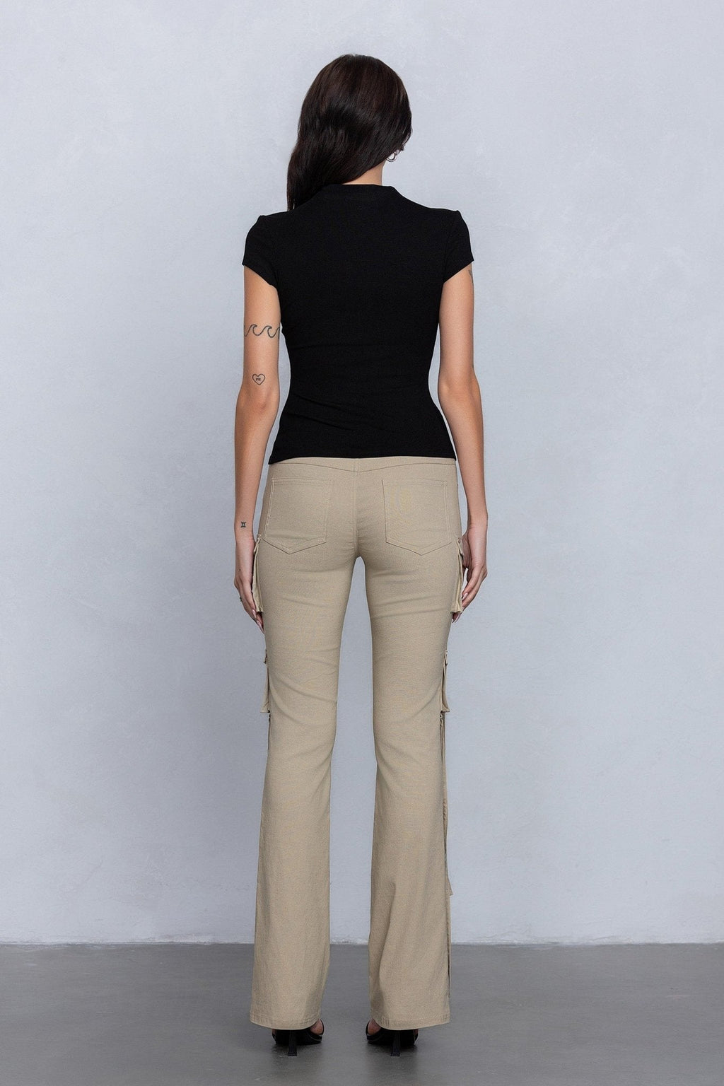 Low Rise Flared Cargo Pants | Stretchy Woven Streetwear with Strap Details