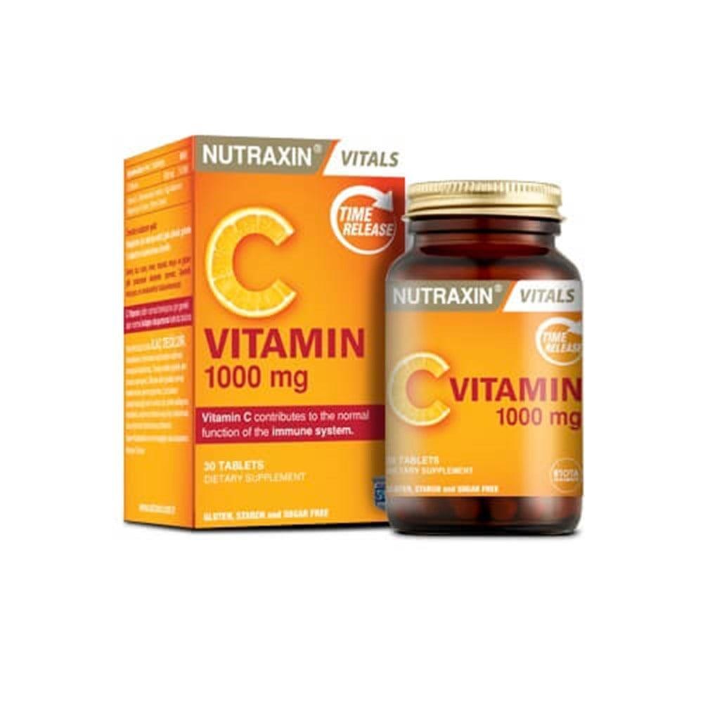 Nutraxin Vitamin C 1000 mg Supplement - Natural, Allergen-Friendly, Gluten-Free, 30 Tablets for Immune Support