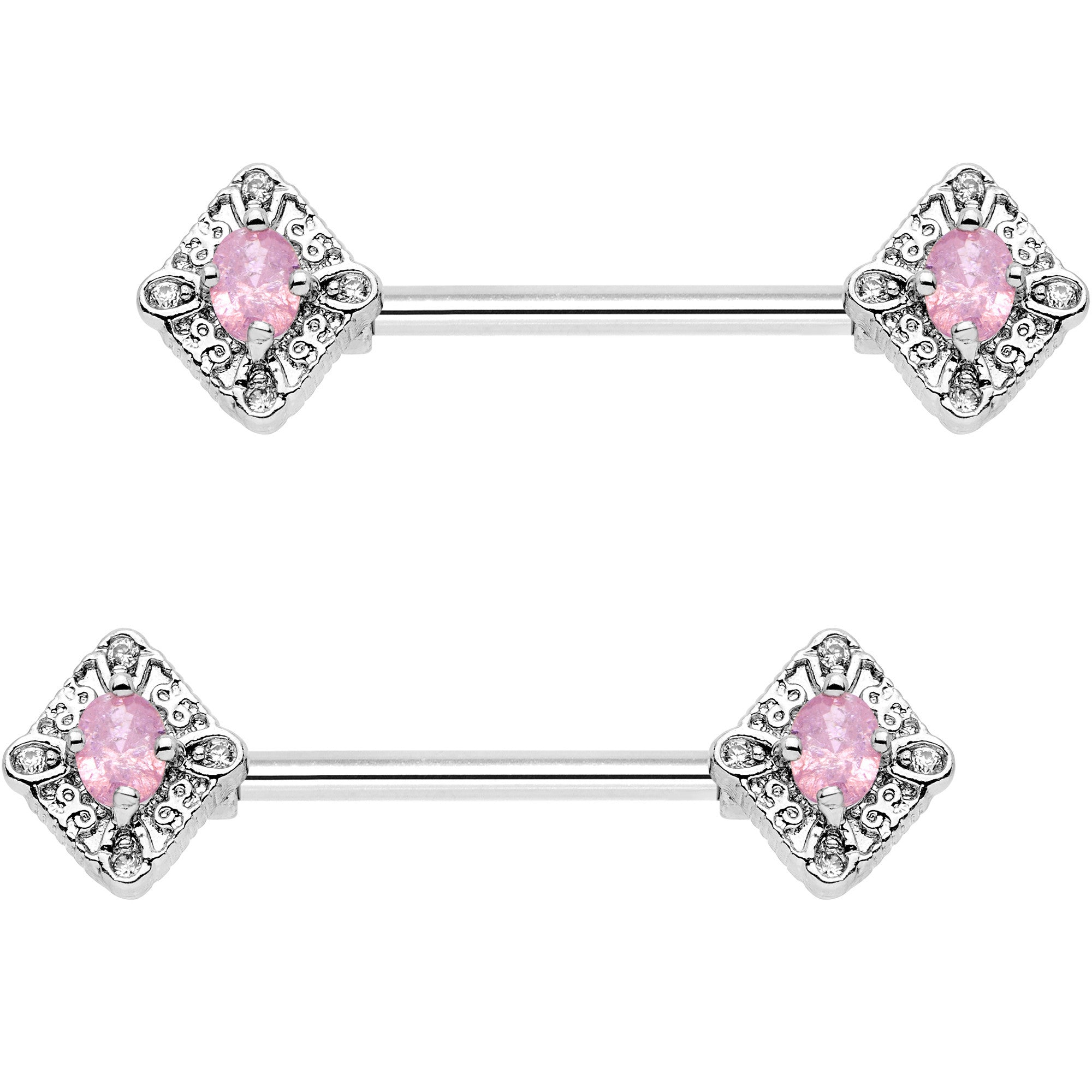 BodyCandy 14G 5/8" Clear Pink Gem Rococo Rhombus Barbell Nipple Ring Set — main product shot