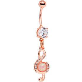 White Faux Opal Rose Gold PVD Treble Clef Dangle Belly Ring