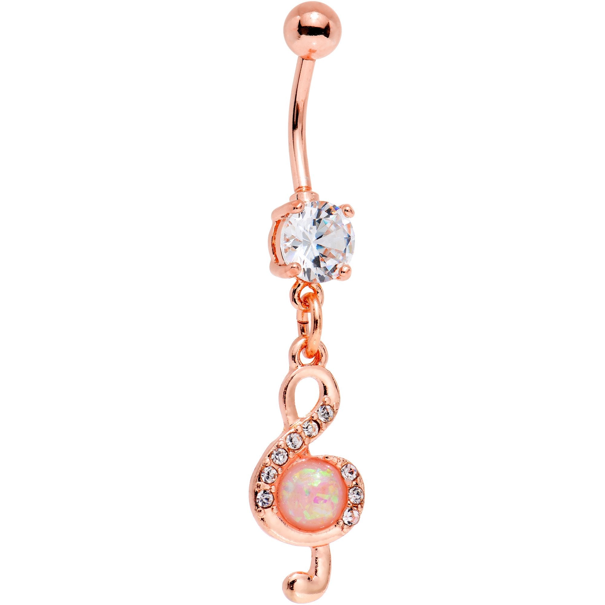 BodyCandy White Faux Opal Rose Gold PVD Treble Clef Dangle Belly Ring — main product shot