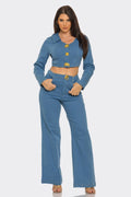 Luciana Gold Jewel-Clasp Cropped Denim Jacket & Pant Set