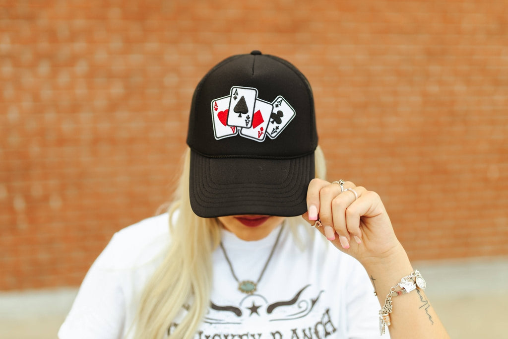 Wild Junkie Lucky Aces Patch Trucker Hat — detail close-up