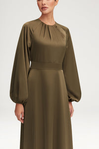 Luna Satin Balloon Sleeve Maxi Dress - Olive Clothing Veiled 