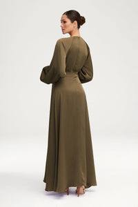 Luna Satin Balloon Sleeve Maxi Dress - Olive Clothing Veiled 