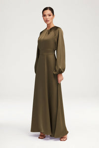 Luna Satin Balloon Sleeve Maxi Dress - Olive Clothing Veiled 