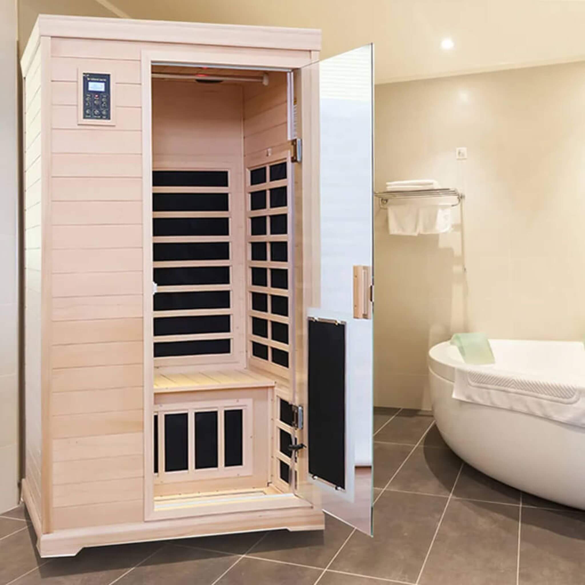Thermora Ivara Luxury 2-Person Hemlock Wood FAR Infrared Sauna Room W/ Glass Door, 1750W (SAK81525) – SAKSBY WHOLESALE, view 