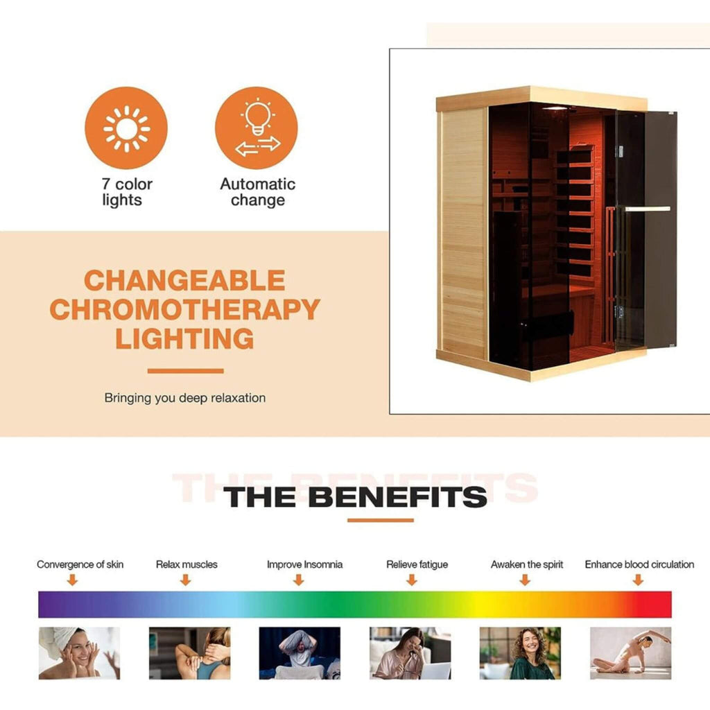 Thermora Valen Luxury 2000W 2-Person Low EMF FAR Infrared Heat Wood Home Personal Spa Sauna W/ Panoramic Tempered Glass (SAK2