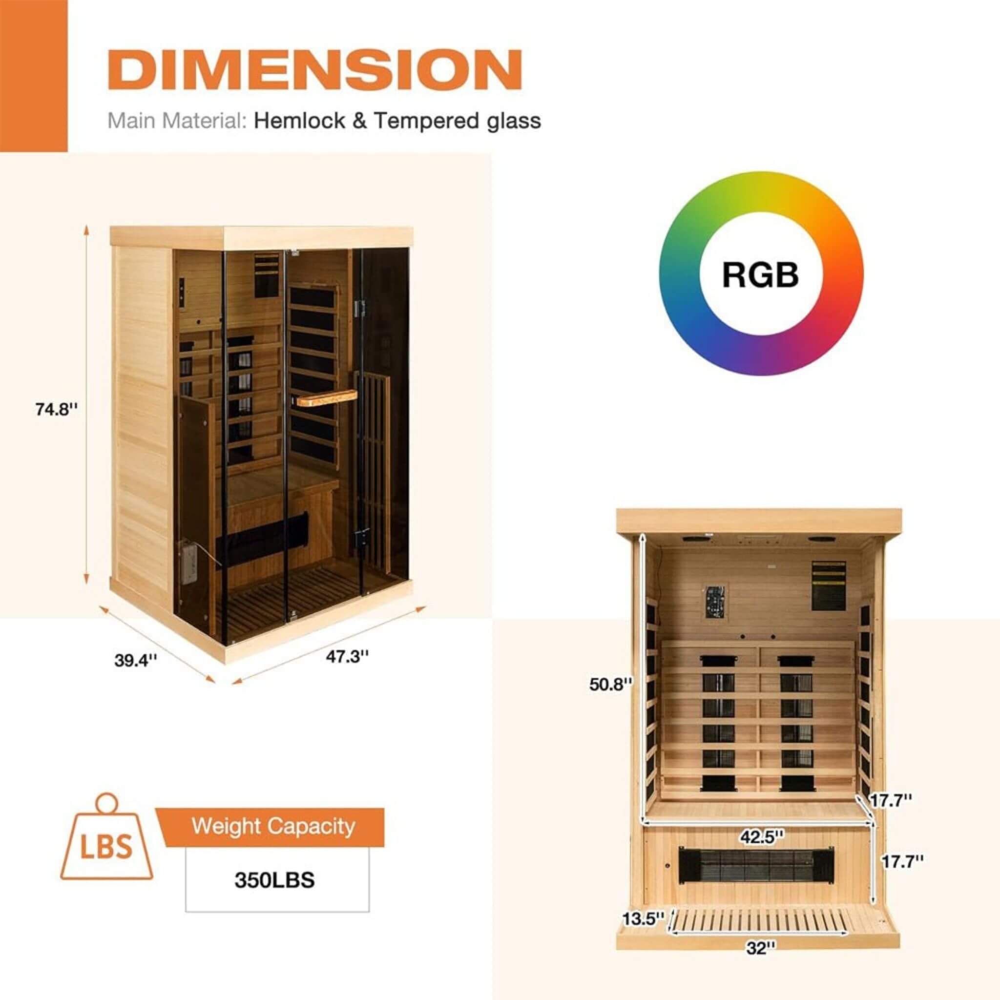 Thermora Valen Luxury 2000W 2-Person Low EMF FAR Infrared Heat Wood Home Personal Spa Sauna W/ Panoramic Tempered Glass (SAK2