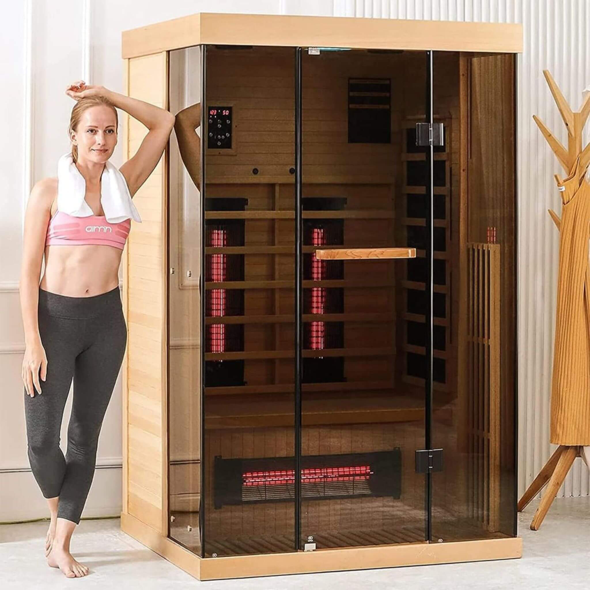 Thermora Valen Luxury 2000W 2-Person Low EMF FAR Infrared Heat Wood Home Personal Spa Sauna W/ Panoramic Tempered Glass (SAK2