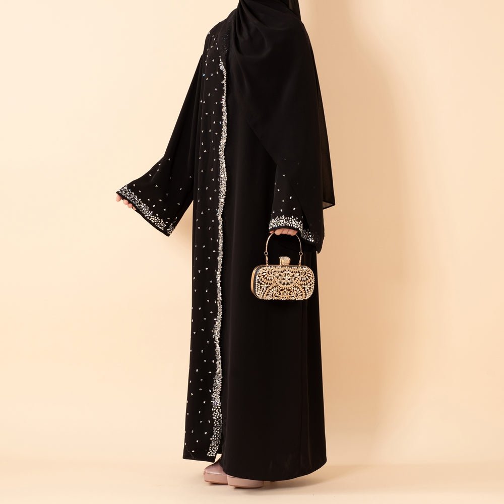 Mariam's Collection Luxury Black Starry Diamond Abaya  (MOA240) — Mariam's Collection branding close-up