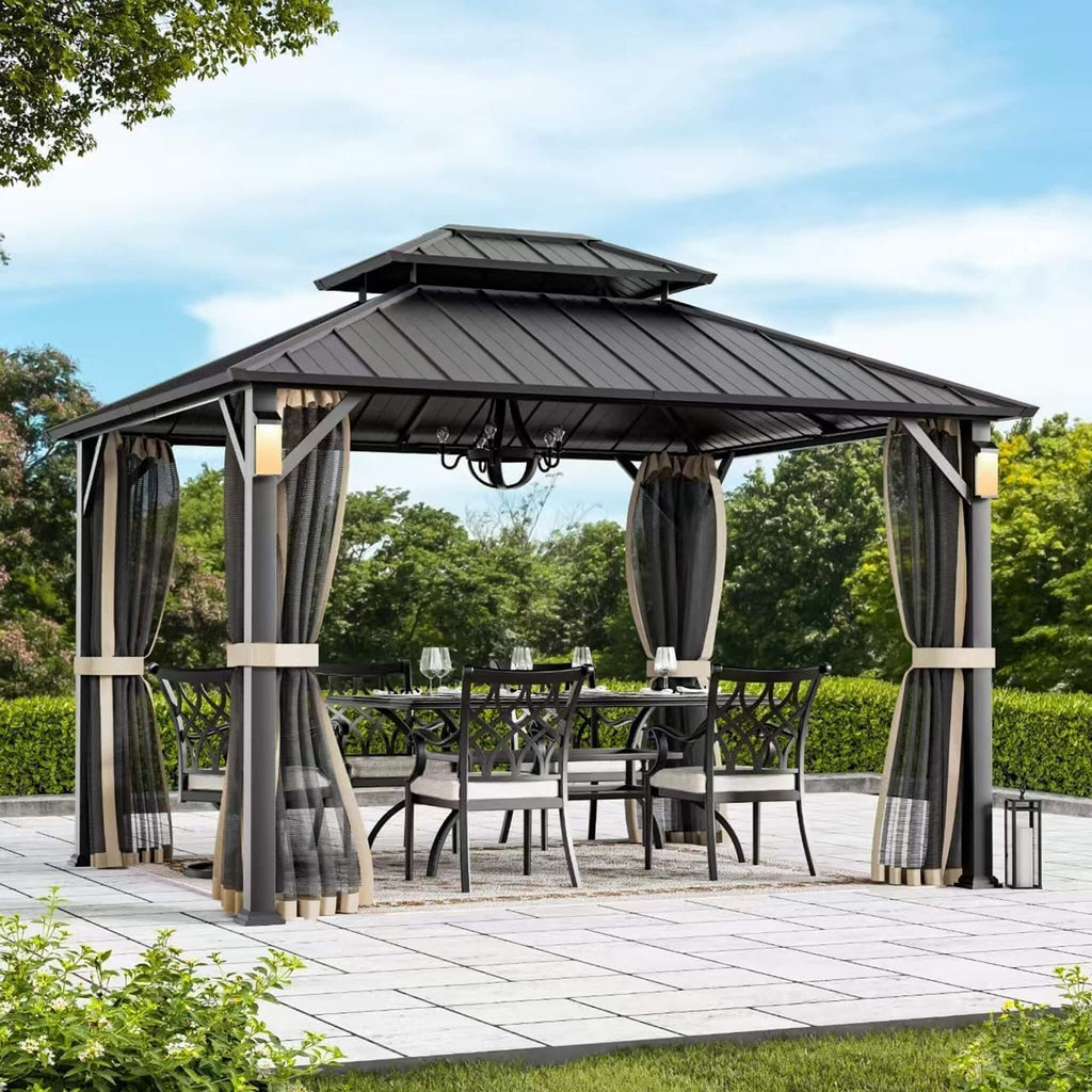Alora Luxury Double Roof Hardtop Aluminum Gazebo With Decor Hooks, Mosquito Nettings, And LED Lights (SAK91824) – SAKSBY WHOL