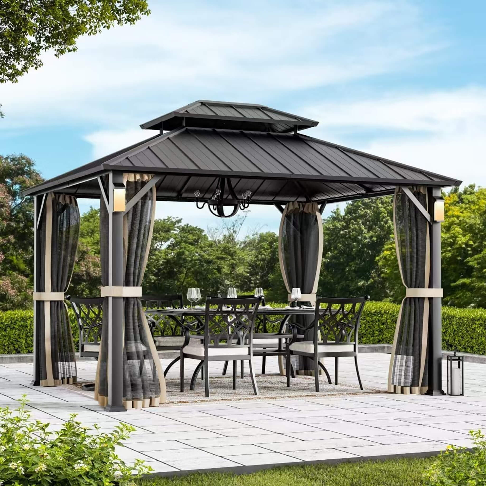 Alora Luxury Double Roof Hardtop Aluminum Gazebo With Decor Hooks, Mosquito Nettings, And LED Lights (SAK91824) – SAKSBY WHOL