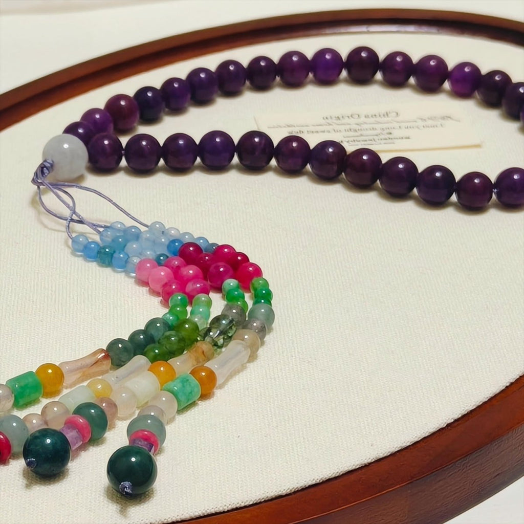 Mariam's Collection Luxury Elegance Fancy 33 Muslim Agate Tasbeeh with Tassels (MR083) — Mariam's Collection branding close-up