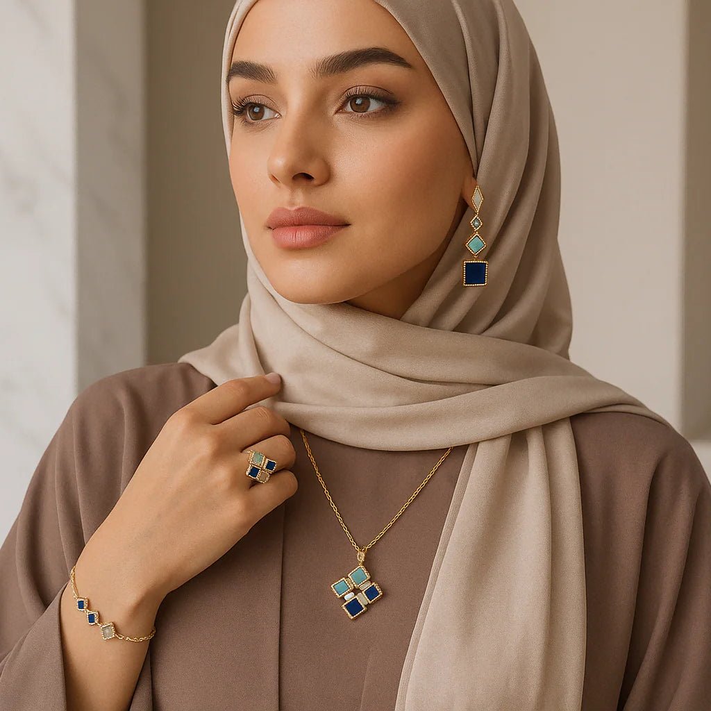 Mariam's Collection Celeste Geometric Gemstone Jewelry Set | Islamic Blue Stone Jewelry Set (MAC253) — Mariam's Collection branding close-up