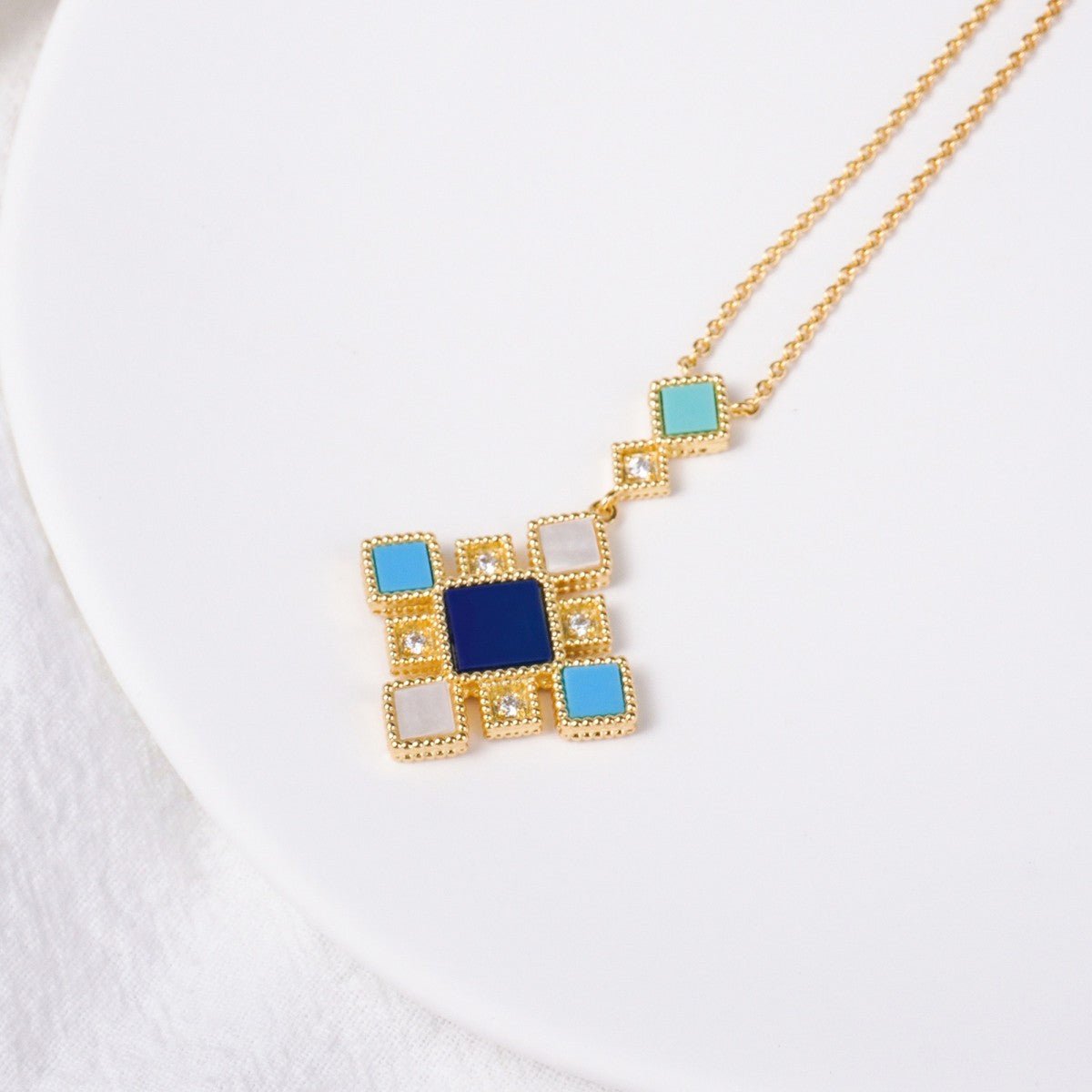 Mariam's Collection Celeste Geometric Gemstone Jewelry Set | Islamic Blue Stone Jewelry Set (MAC253) — fabric or material det