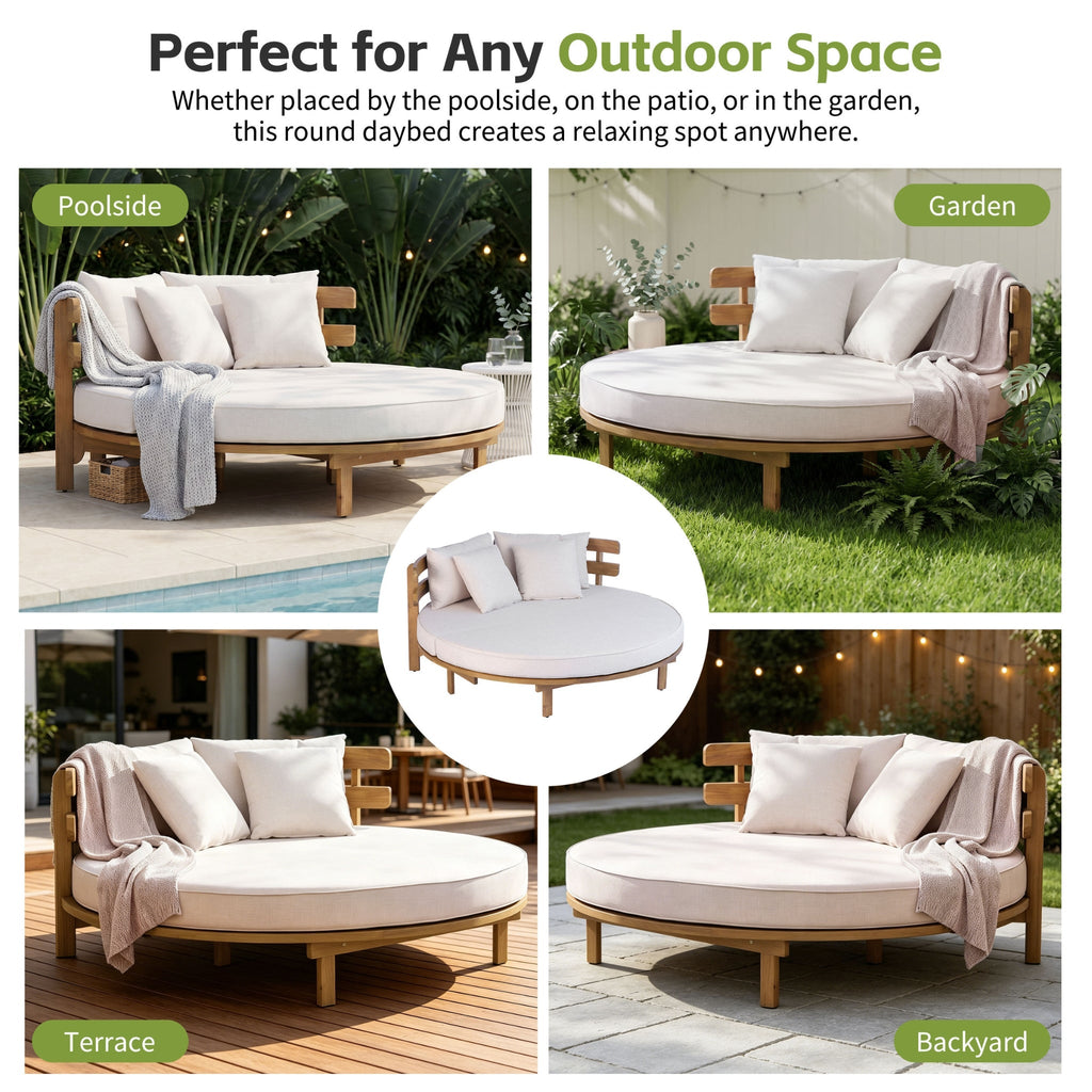 Alora Luxury Outdoor Acacia Wood Round Daybed With Cushions And Pillows (SAK40613) – SAKSBY WHOLESALE, view 6