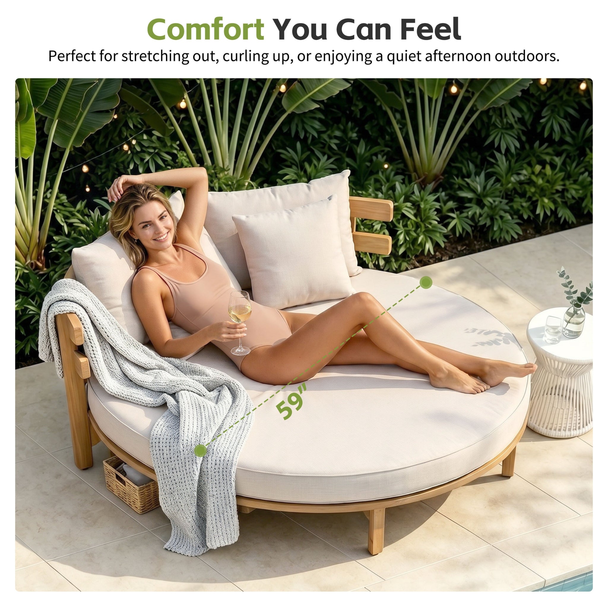 Alora Luxury Outdoor Acacia Wood Round Daybed With Cushions And Pillows (SAK40613) – SAKSBY WHOLESALE, view 4