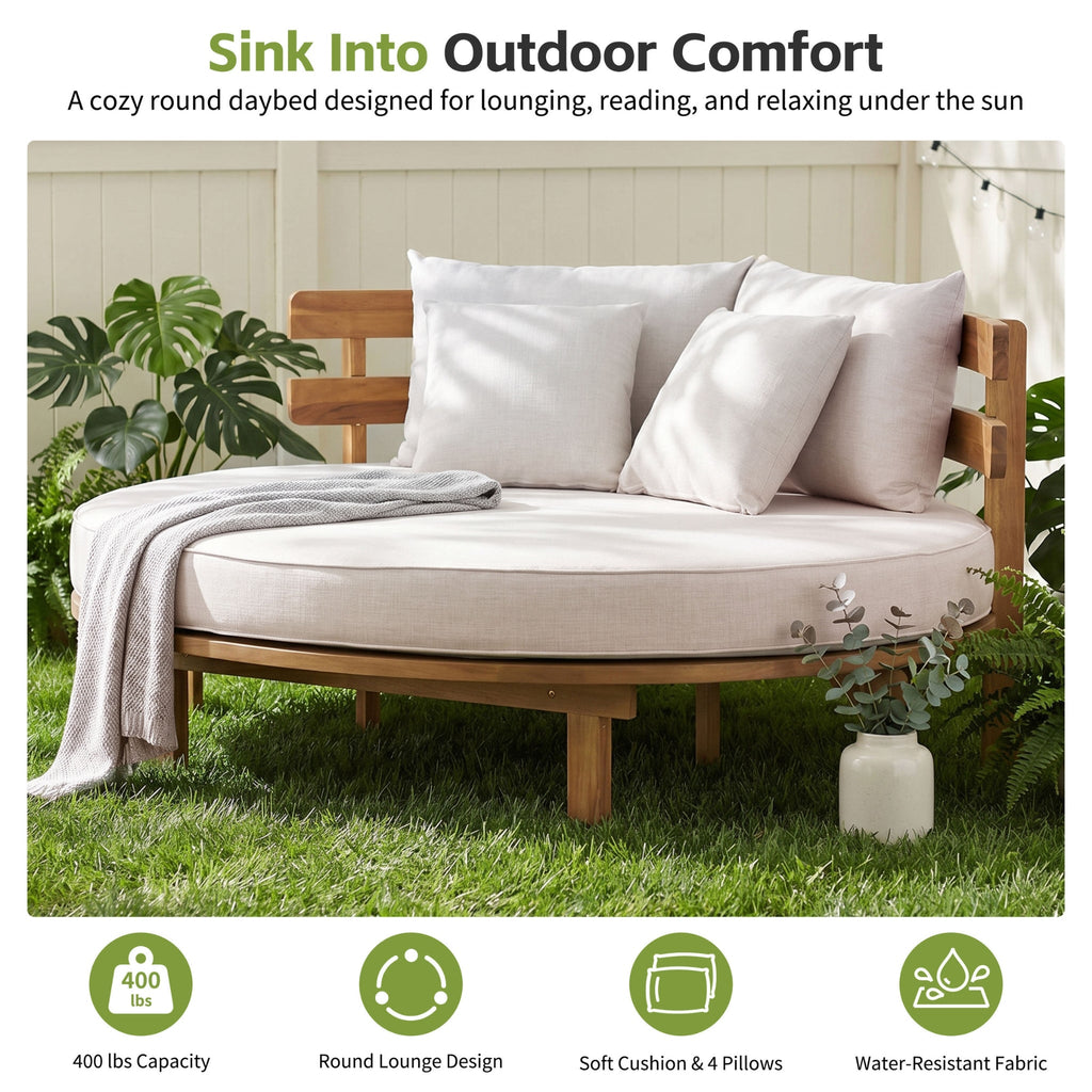 Alora Luxury Outdoor Acacia Wood Round Daybed With Cushions And Pillows (SAK40613) – SAKSBY WHOLESALE, view 3