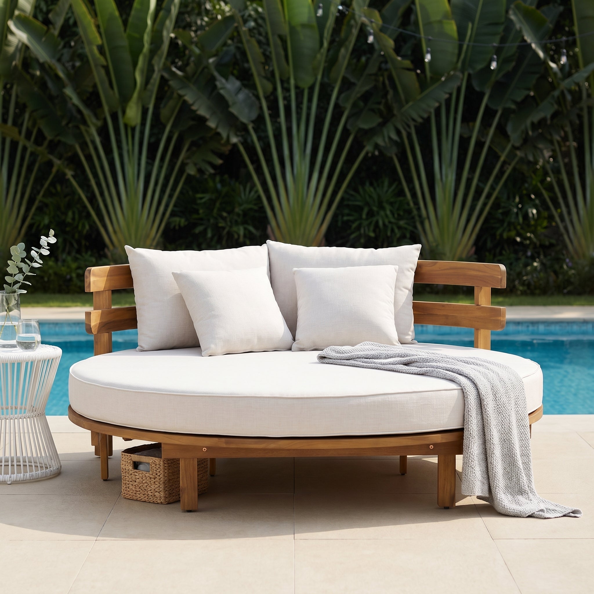 Alora Luxury Outdoor Acacia Wood Round Daybed With Cushions And Pillows (SAK40613) – SAKSBY WHOLESALE