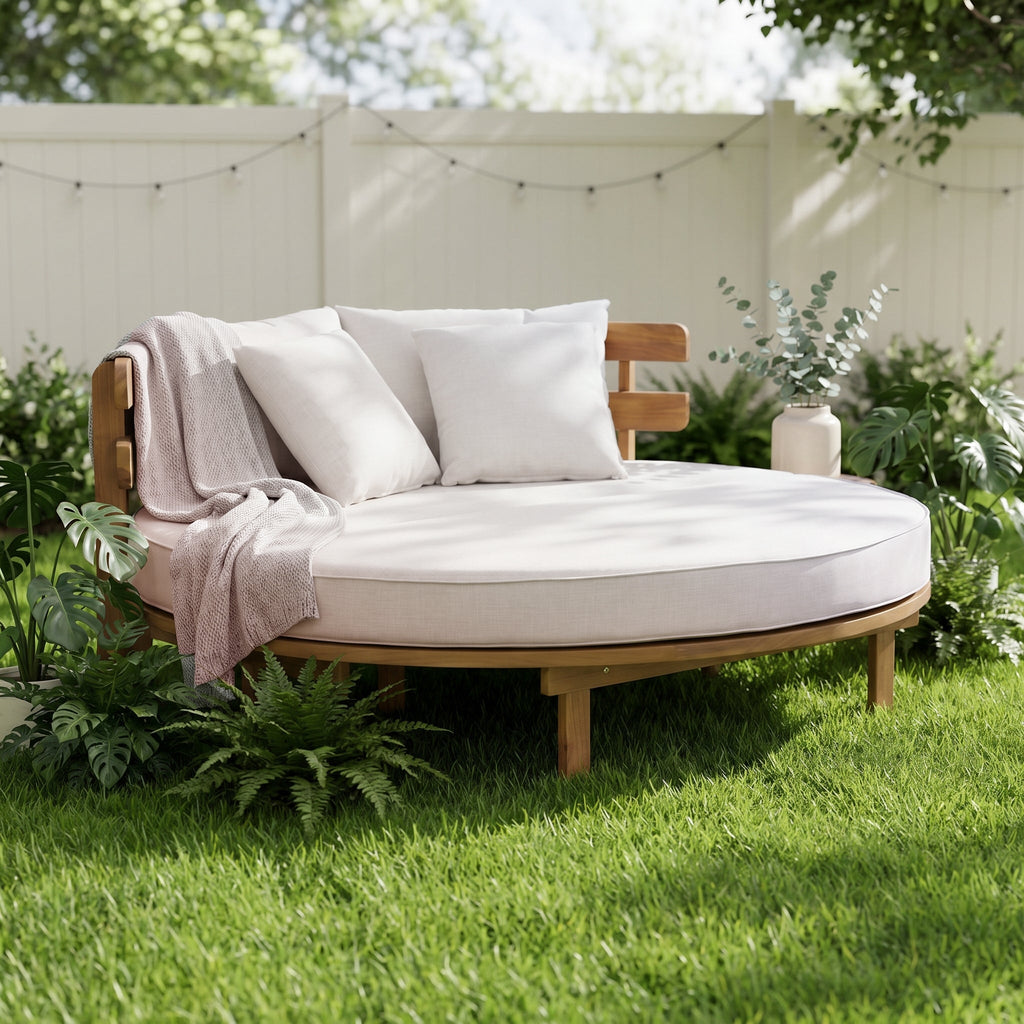Alora Luxury Outdoor Acacia Wood Round Daybed With Cushions And Pillows (SAK40613) – SAKSBY WHOLESALE, view 9